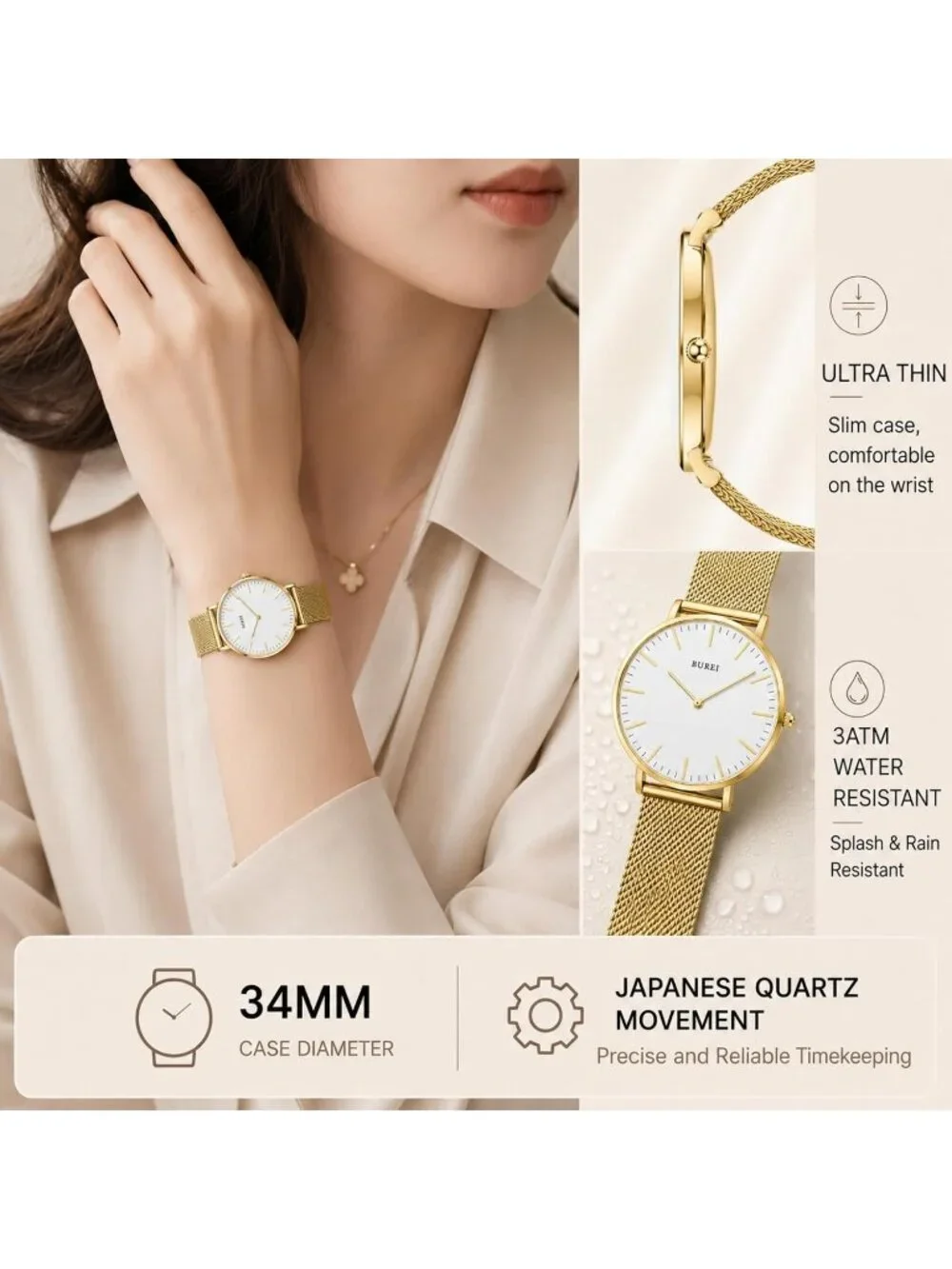 Women's White Gold Minimalist Analog Quartz Waterproof Dress Wrist Watches